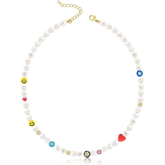 Genuine Pearl Necklace with Smiley Face Beads - Unisex 20" Adjustable Choker - Picture 1 of 7